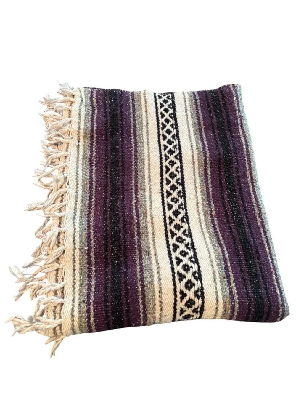 Mexican Serape Blanket Rug With Fringe Purple & Cream Stripes 43